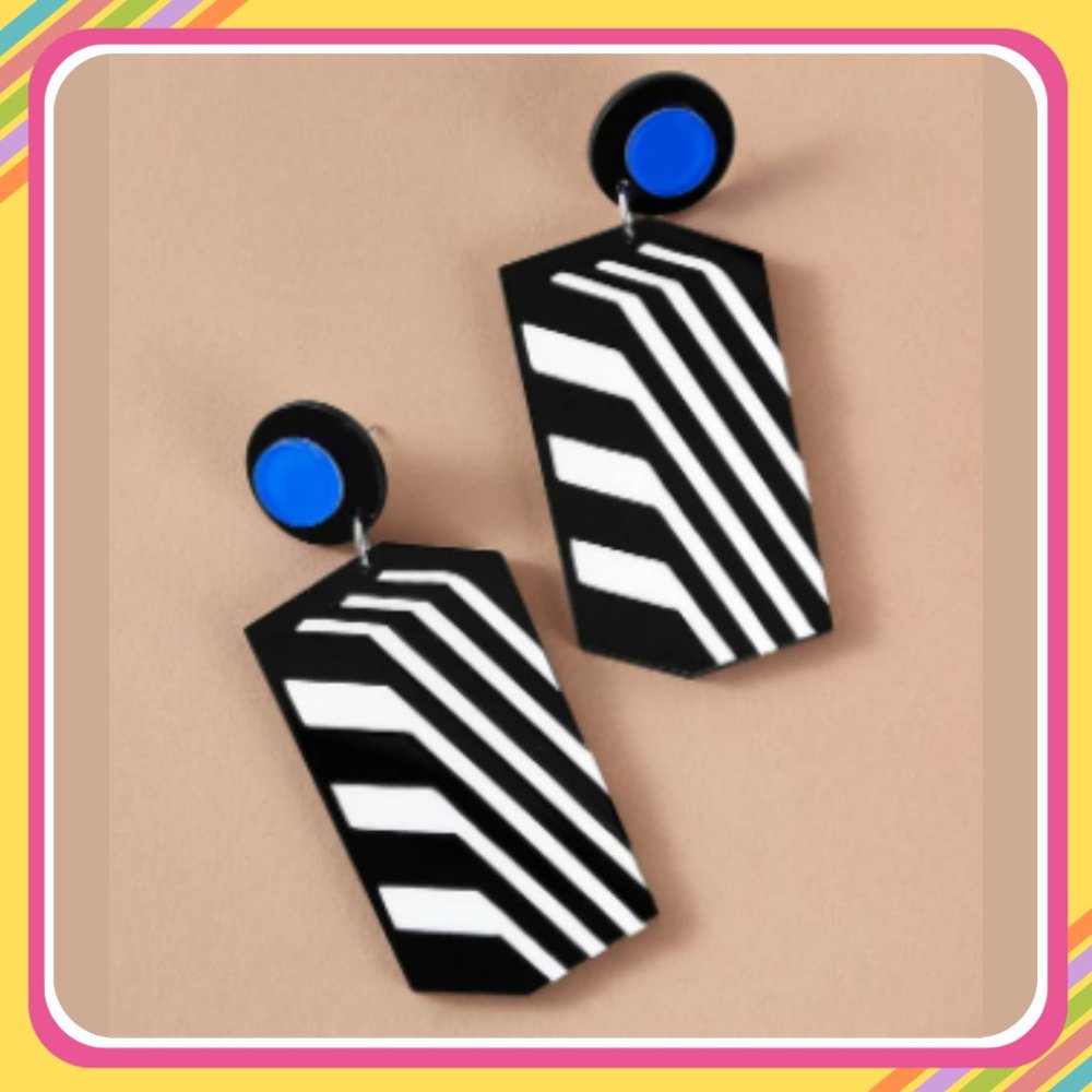 Geometric Earrings - B&W with Blue